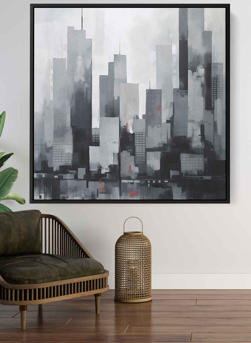 Square Canvas Wall Art Stretched Over Wooden Frame with Black Floating Frame and Cityscapes Of The City Painting