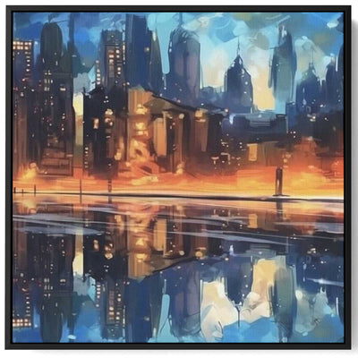 Square Canvas Wall Art Stretched Over Wooden Frame with Black Floating Frame and Man Walking In The City Painting