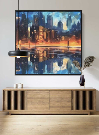 Square Canvas Wall Art Stretched Over Wooden Frame with Black Floating Frame and Man Walking In The City Painting