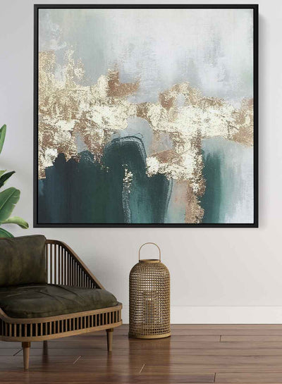 Square Canvas Wall Art Stretched Over Wooden Frame with Black Floating Frame and Gold Green Abstract Painting