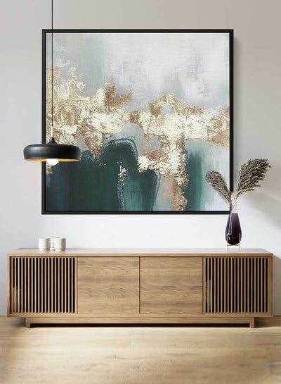 Square Canvas Wall Art Stretched Over Wooden Frame with Black Floating Frame and Gold Green Abstract Painting