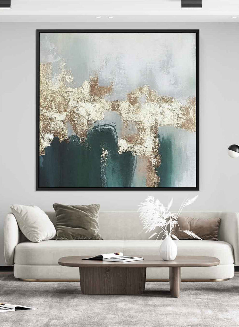 Square Canvas Wall Art Stretched Over Wooden Frame with Black Floating Frame and Gold Green Abstract Painting