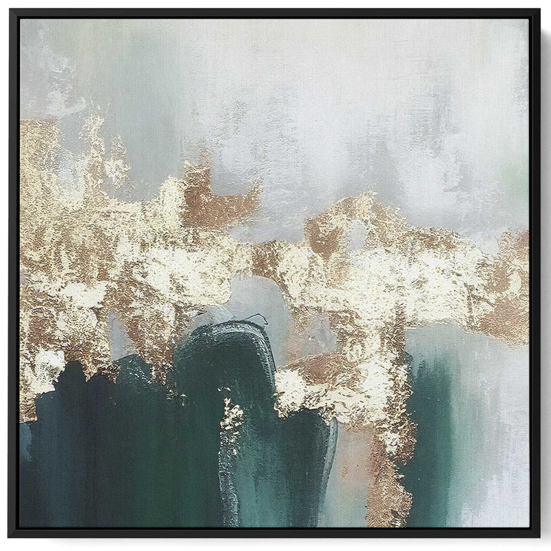 Square Canvas Wall Art Stretched Over Wooden Frame with Black Floating Frame and Gold Green Abstract Painting