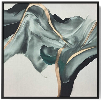 Square Canvas Wall Art Stretched Over Wooden Frame with Black Floating Frame and Mountain With Gold Stripes  Painting