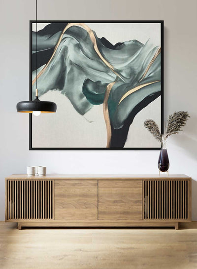 Square Canvas Wall Art Stretched Over Wooden Frame with Black Floating Frame and Mountain With Gold Stripes  Painting