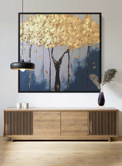 Square Canvas Wall Art Stretched Over Wooden Frame with Black Floating Frame and Golden Tree Painting