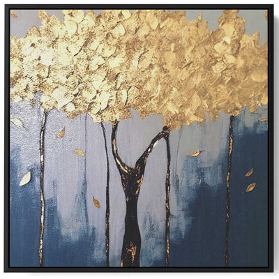 Square Canvas Wall Art Stretched Over Wooden Frame with Black Floating Frame and Golden Tree Painting