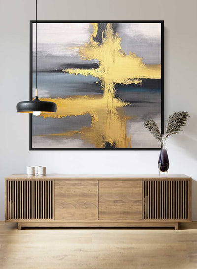 Square Canvas Wall Art Stretched Over Wooden Frame with Black Floating Frame and Crossing Golden Line Painting