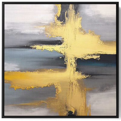 Square Canvas Wall Art Stretched Over Wooden Frame with Black Floating Frame and Crossing Golden Line Painting
