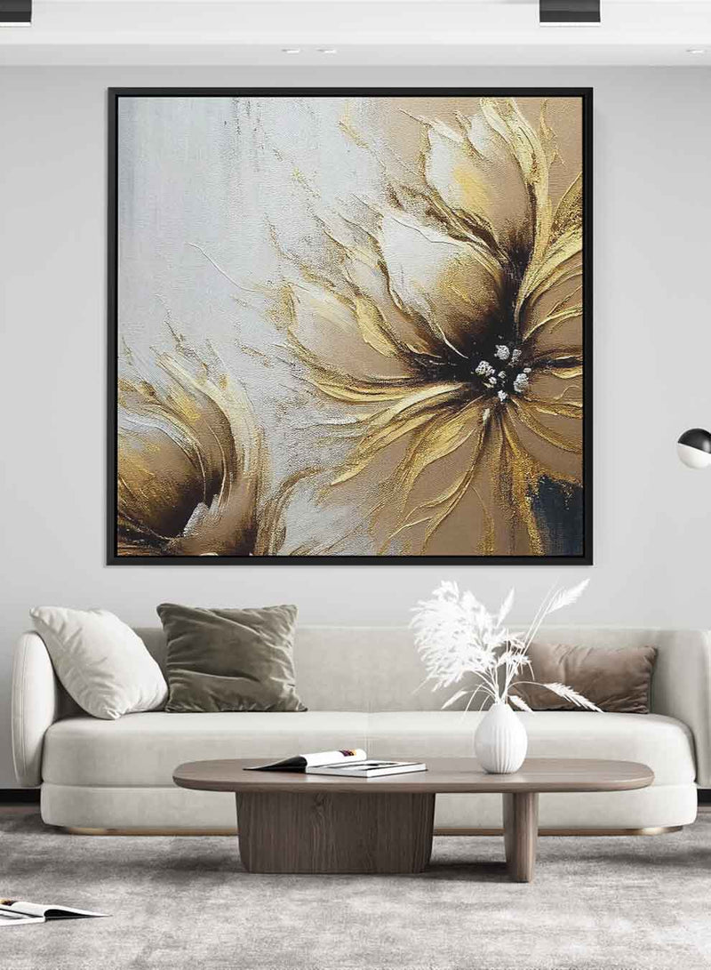 Square Canvas Wall Art Stretched Over Wooden Frame with Black Floating Frame and Golden Flower  Painting