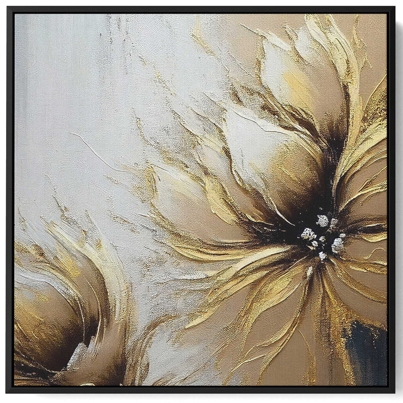 Square Canvas Wall Art Stretched Over Wooden Frame with Black Floating Frame and Golden Flower  Painting
