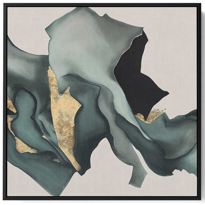 Square Canvas Wall Art Stretched Over Wooden Frame with Black Floating Frame and Pieces Of Fabric Pattern Painting