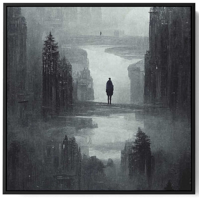 Square Canvas Wall Art Stretched Over Wooden Frame with Black Floating Frame and Dark Gloomy Scene Of The City  Painting