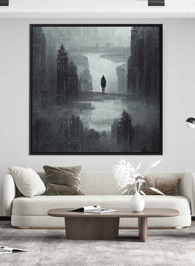 Square Canvas Wall Art Stretched Over Wooden Frame with Black Floating Frame and Dark Gloomy Scene Of The City  Painting