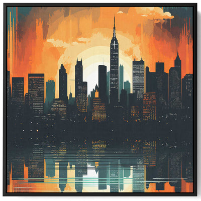 Square Canvas Wall Art Stretched Over Wooden Frame with Black Floating Frame and Sunset On Manhattan  Painting