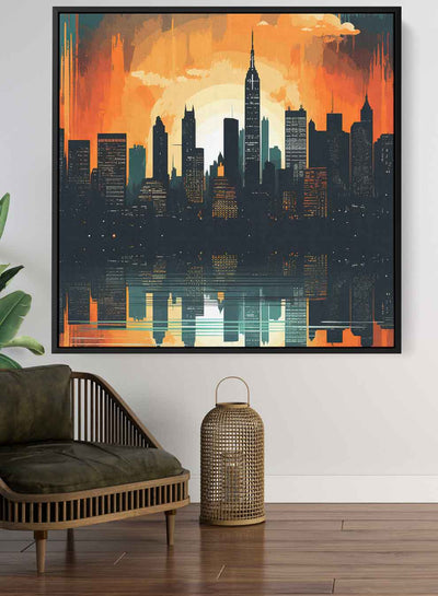 Square Canvas Wall Art Stretched Over Wooden Frame with Black Floating Frame and Sunset On Manhattan  Painting