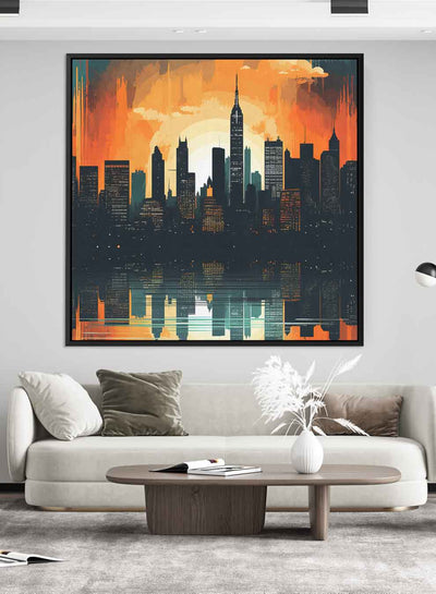 Square Canvas Wall Art Stretched Over Wooden Frame with Black Floating Frame and Sunset On Manhattan  Painting
