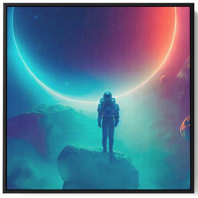 Square Canvas Wall Art Stretched Over Wooden Frame with Black Floating Frame and Astronaut Watching Eclipse Painting