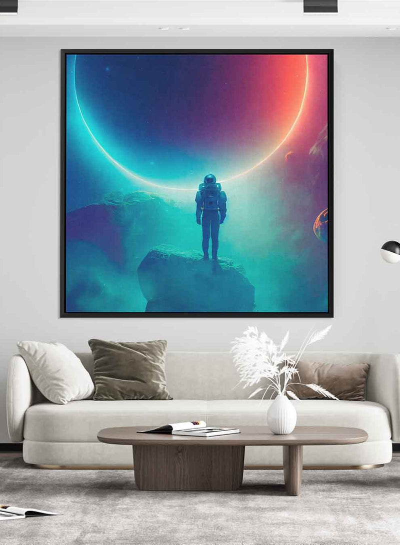 Square Canvas Wall Art Stretched Over Wooden Frame with Black Floating Frame and Astronaut Watching Eclipse Painting