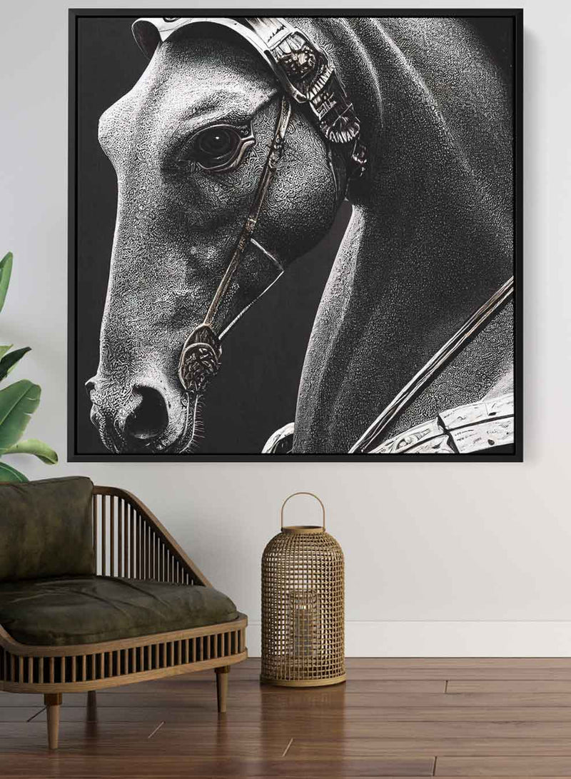 Square Canvas Wall Art Stretched Over Wooden Frame with Black Floating Frame and Royal Horse Painting