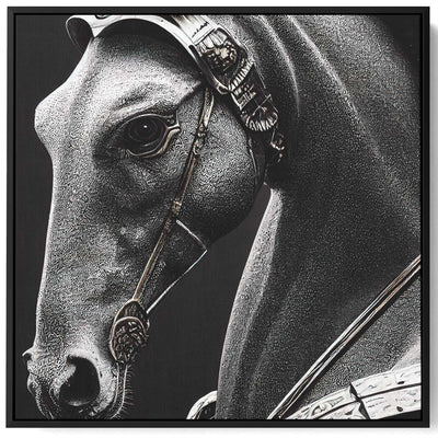 Square Canvas Wall Art Stretched Over Wooden Frame with Black Floating Frame and Royal Horse Painting