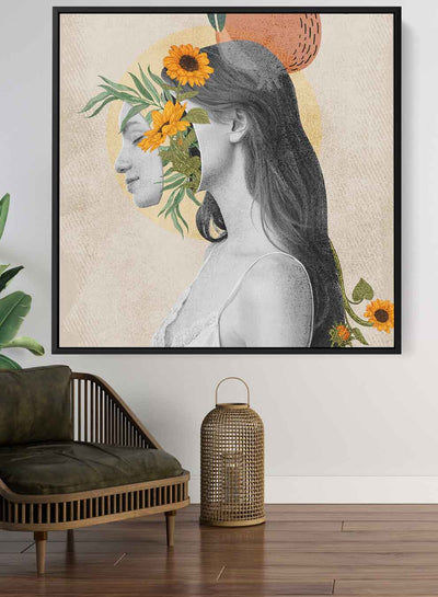 Square Canvas Wall Art Stretched Over Wooden Frame with Black Floating Frame and Girl With Flowers Painting