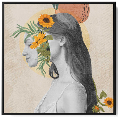 Square Canvas Wall Art Stretched Over Wooden Frame with Black Floating Frame and Girl With Flowers Painting