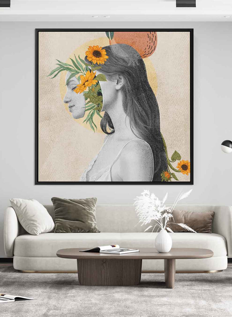 Square Canvas Wall Art Stretched Over Wooden Frame with Black Floating Frame and Girl With Flowers Painting