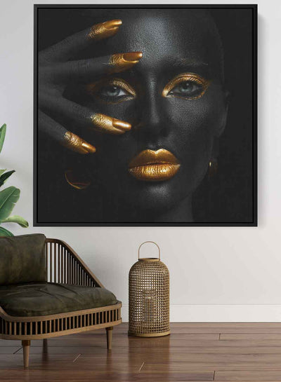 Square Canvas Wall Art Stretched Over Wooden Frame with Black Floating Frame and Woman with Gold Makeup