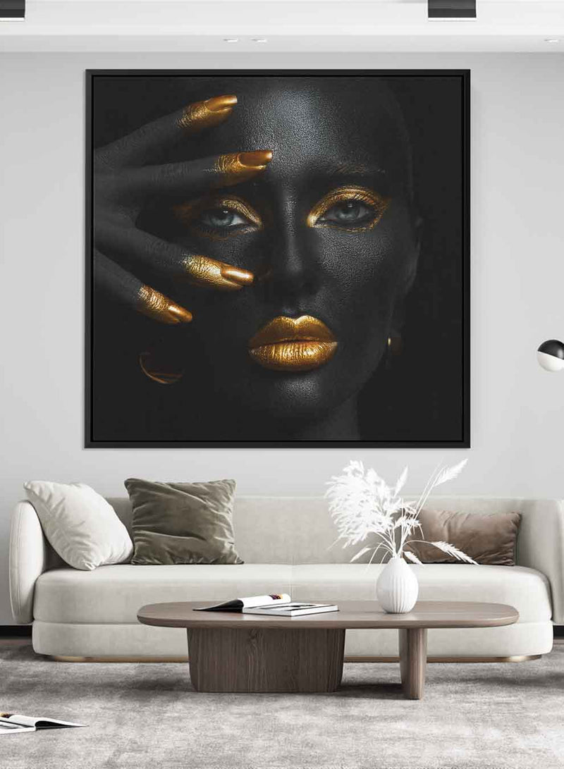 Square Canvas Wall Art Stretched Over Wooden Frame with Black Floating Frame and Woman with Gold Makeup
