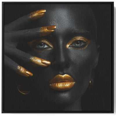 Square Canvas Wall Art Stretched Over Wooden Frame with Black Floating Frame and Woman with Gold Makeup