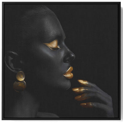 Square Canvas Wall Art Stretched Over Wooden Frame with Black Floating Frame and Pretty Woman With Gold Makeup