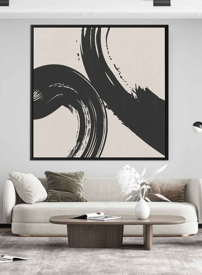 Square Canvas Wall Art Stretched Over Wooden Frame with Black Floating Frame and Bohemian Art Painting