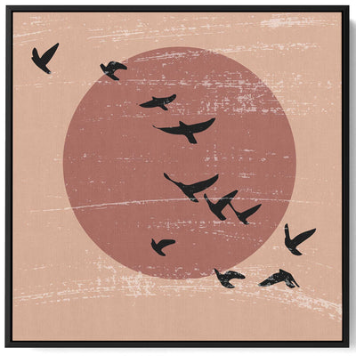 Square Canvas Wall Art Stretched Over Wooden Frame with Black Floating Frame and Flying High Birds Painting