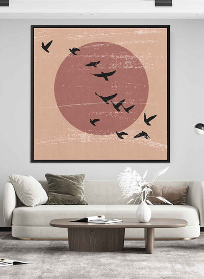 Square Canvas Wall Art Stretched Over Wooden Frame with Black Floating Frame and Flying High Birds Painting