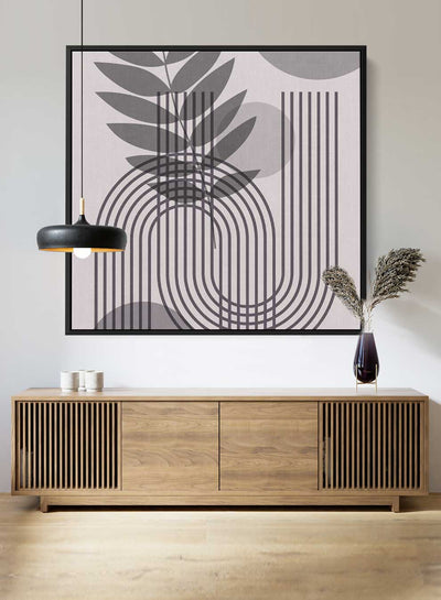 Square Canvas Wall Art Stretched Over Wooden Frame with Black Floating Frame and Floral & Lines Art Painting