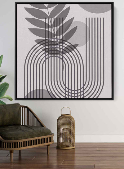 Square Canvas Wall Art Stretched Over Wooden Frame with Black Floating Frame and Floral & Lines Art Painting