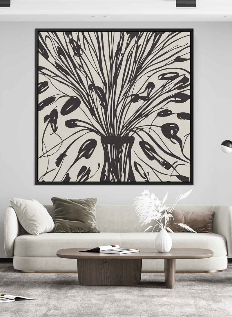 Square Canvas Wall Art Stretched Over Wooden Frame with Black Floating Frame and Bouquet Of Flowers Painting