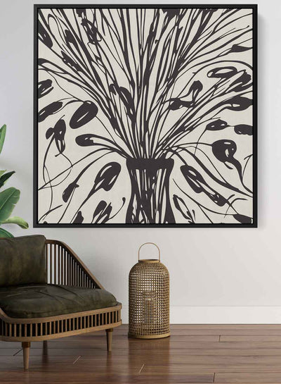 Square Canvas Wall Art Stretched Over Wooden Frame with Black Floating Frame and Bouquet Of Flowers Painting