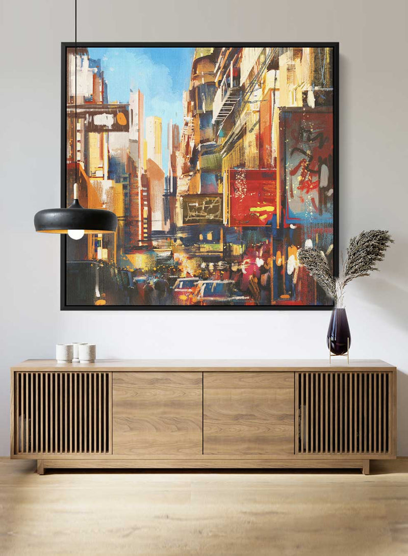 Square Canvas Wall Art Stretched Over Wooden Frame with Black Floating Frame and Colorful City View  Painting