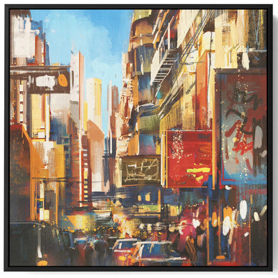 Square Canvas Wall Art Stretched Over Wooden Frame with Black Floating Frame and Colorful City View  Painting