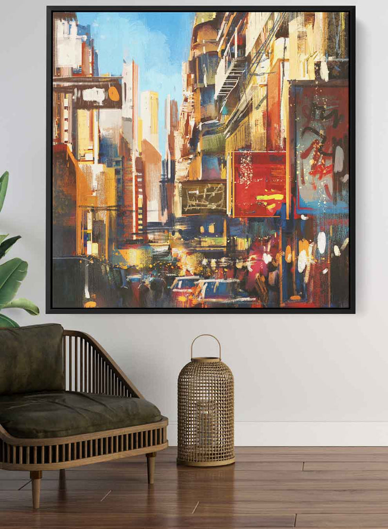 Square Canvas Wall Art Stretched Over Wooden Frame with Black Floating Frame and Colorful City View  Painting