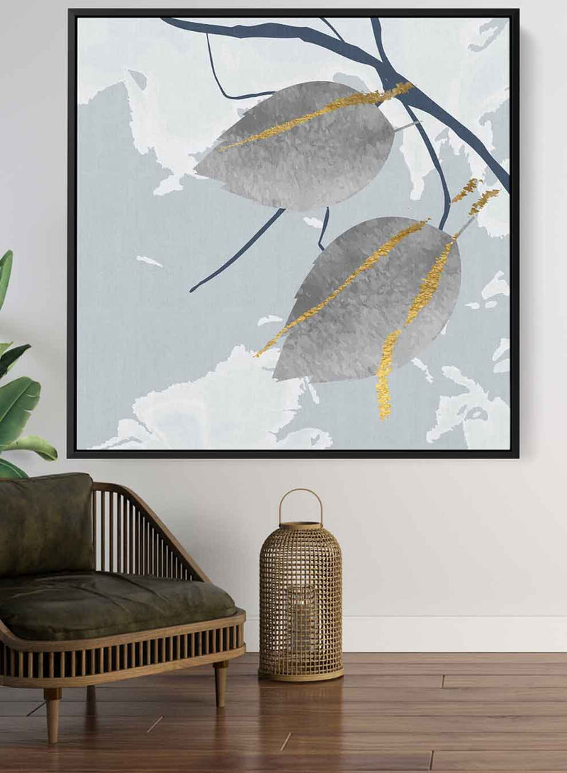 Square Canvas Wall Art Stretched Over Wooden Frame with Black Floating Frame and Leaves Abstract Painting