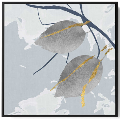 Square Canvas Wall Art Stretched Over Wooden Frame with Black Floating Frame and Leaves Abstract Painting