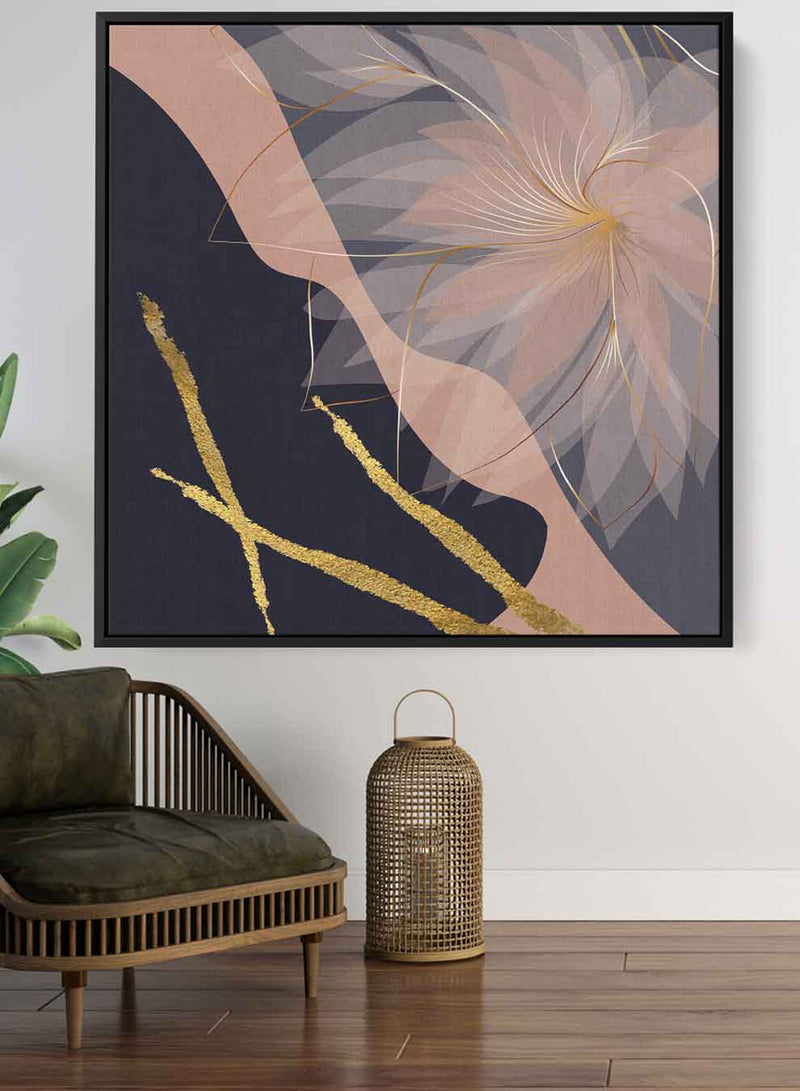 Square Canvas Wall Art Stretched Over Wooden Frame with Black Floating Frame and Flower Abstract Painting