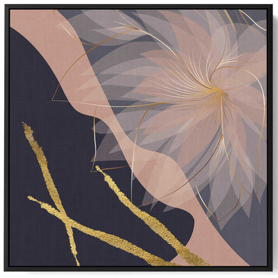 Square Canvas Wall Art Stretched Over Wooden Frame with Black Floating Frame and Flower Abstract Painting