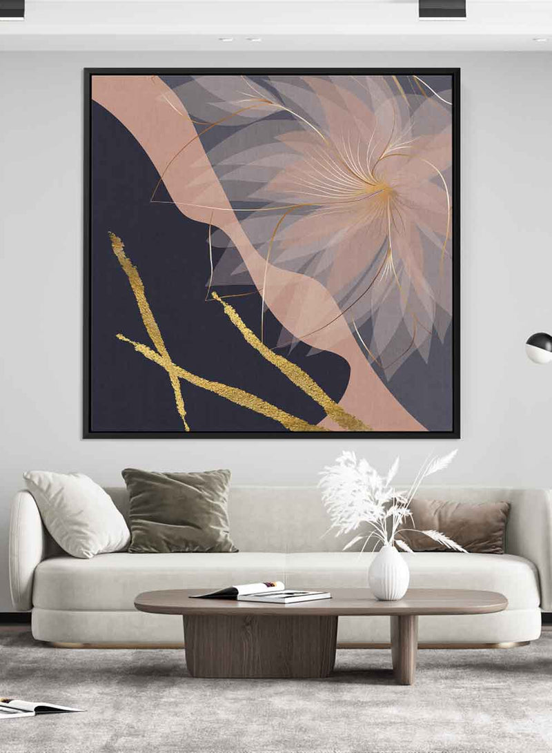 Square Canvas Wall Art Stretched Over Wooden Frame with Black Floating Frame and Flower Abstract Painting