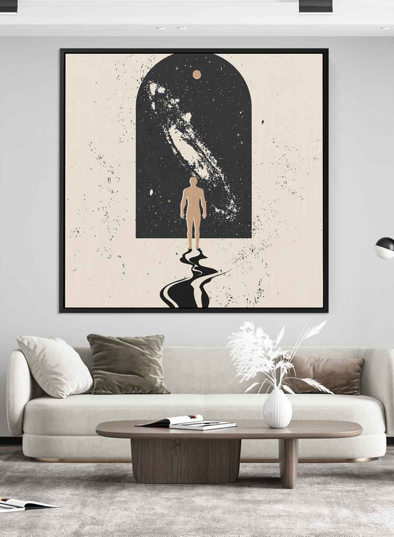 Square Canvas Wall Art Stretched Over Wooden Frame with Black Floating Frame and A Gate To Space Painting