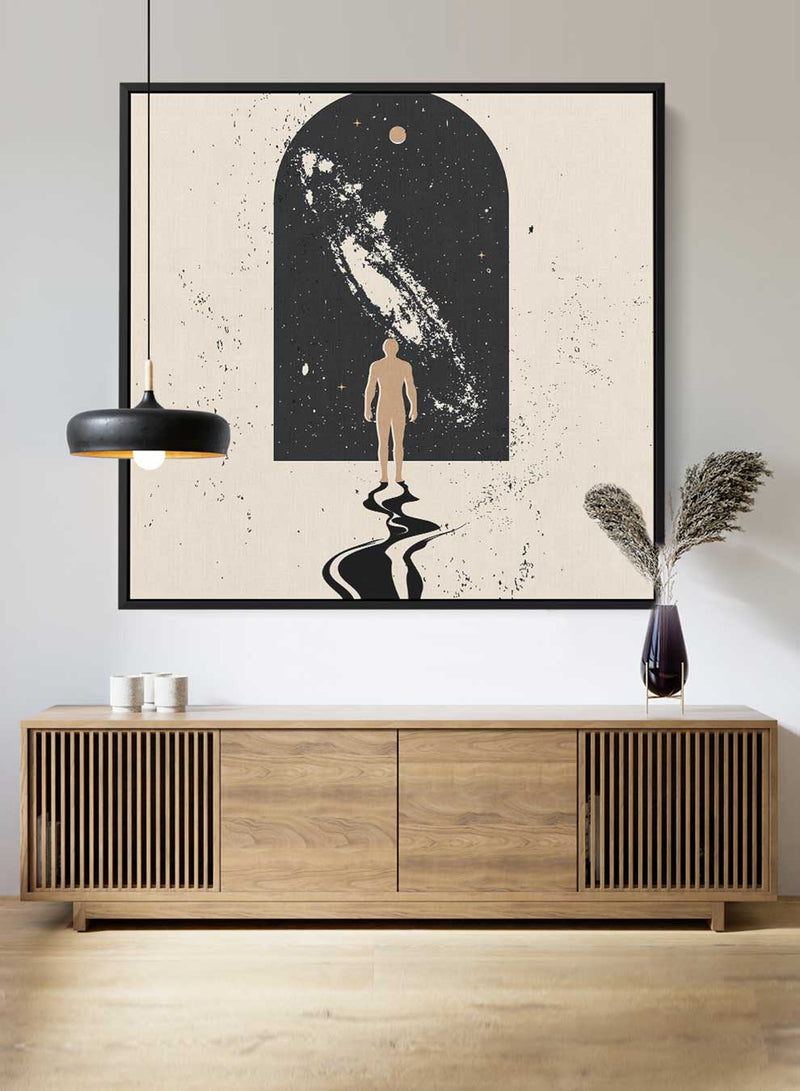 Square Canvas Wall Art Stretched Over Wooden Frame with Black Floating Frame and A Gate To Space Painting