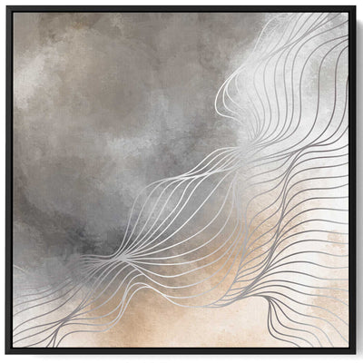 Square Canvas Wall Art Stretched Over Wooden Frame with Black Floating Frame and Grey Abstract Painting
